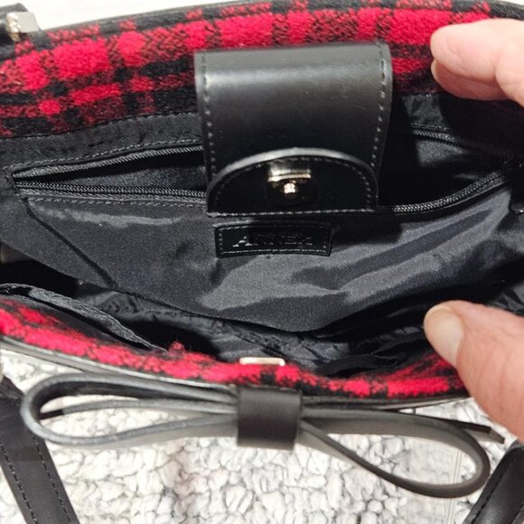 VINTAGE RETRO BLACK RED PLAID VEGAN WOOL & LEATHER HANDBAG - Picture 6 of 6